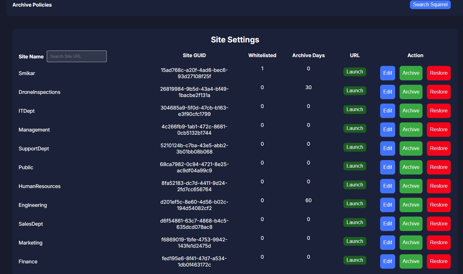 Squirrel Site Archive Settings