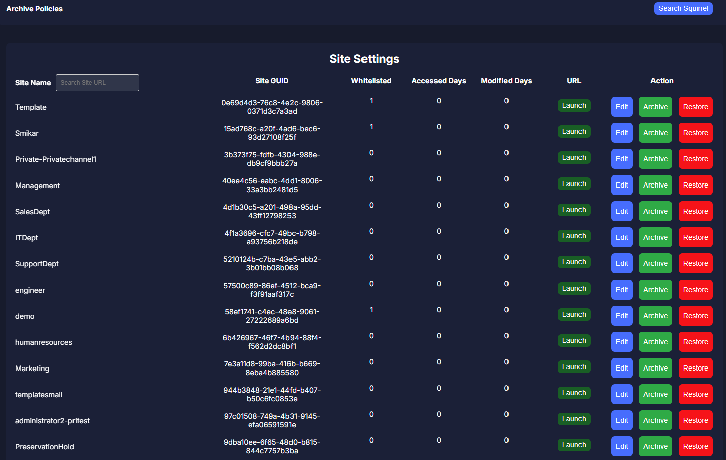 Site Archive Settings